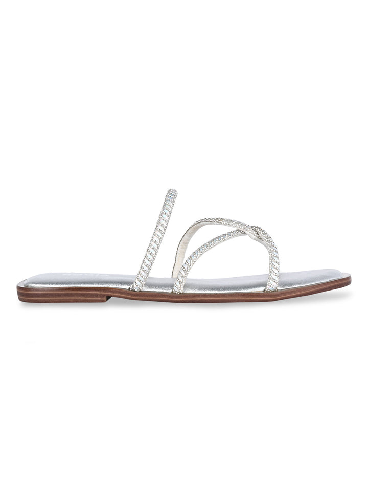 Rocia By Regal Silver Women Strappy Diamond Embellished Flats