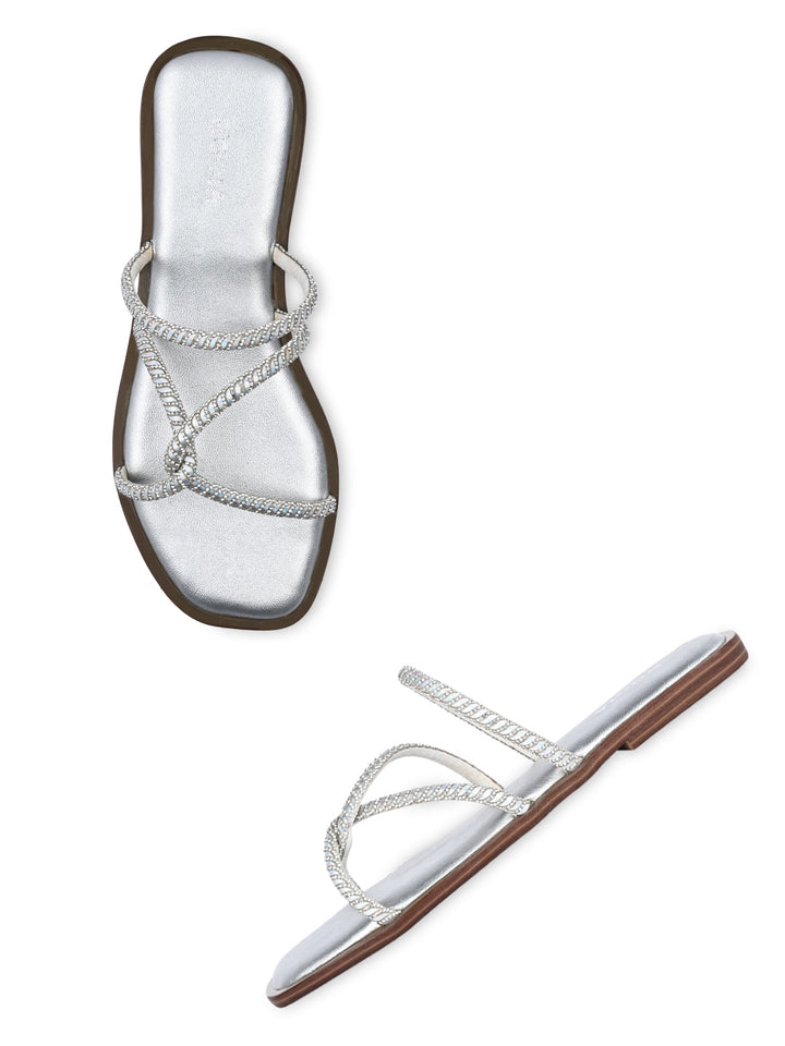 Rocia By Regal Silver Women Strappy Diamond Embellished Flats