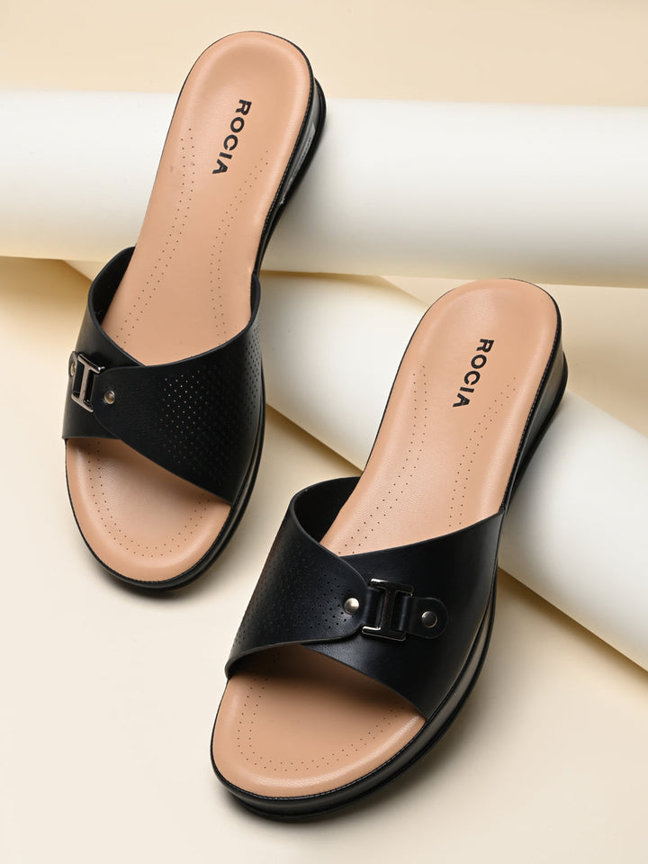 Rocia By Regal Black Women Slip On Buckled Flats