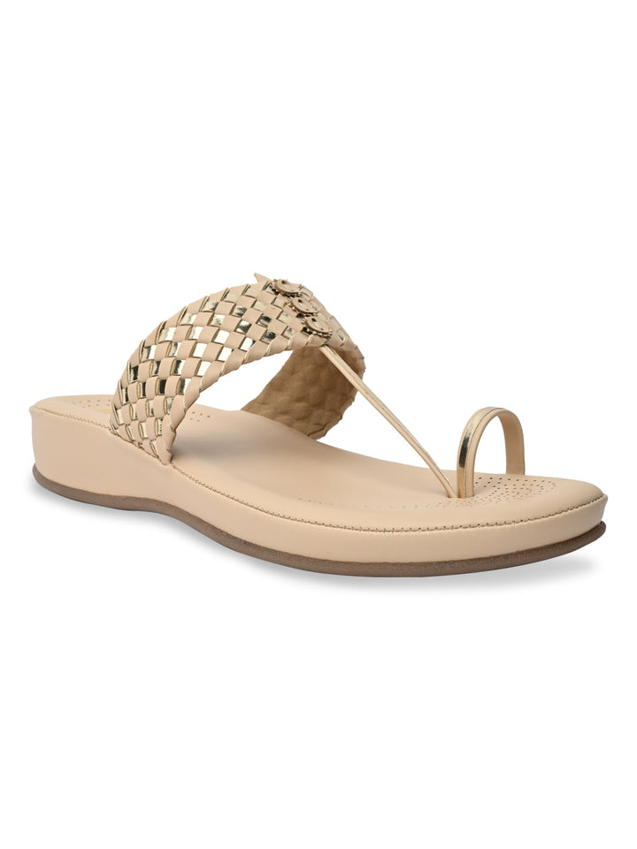 Rocia By Regal Beige Women Woven Kolhapuri Comfort Flats