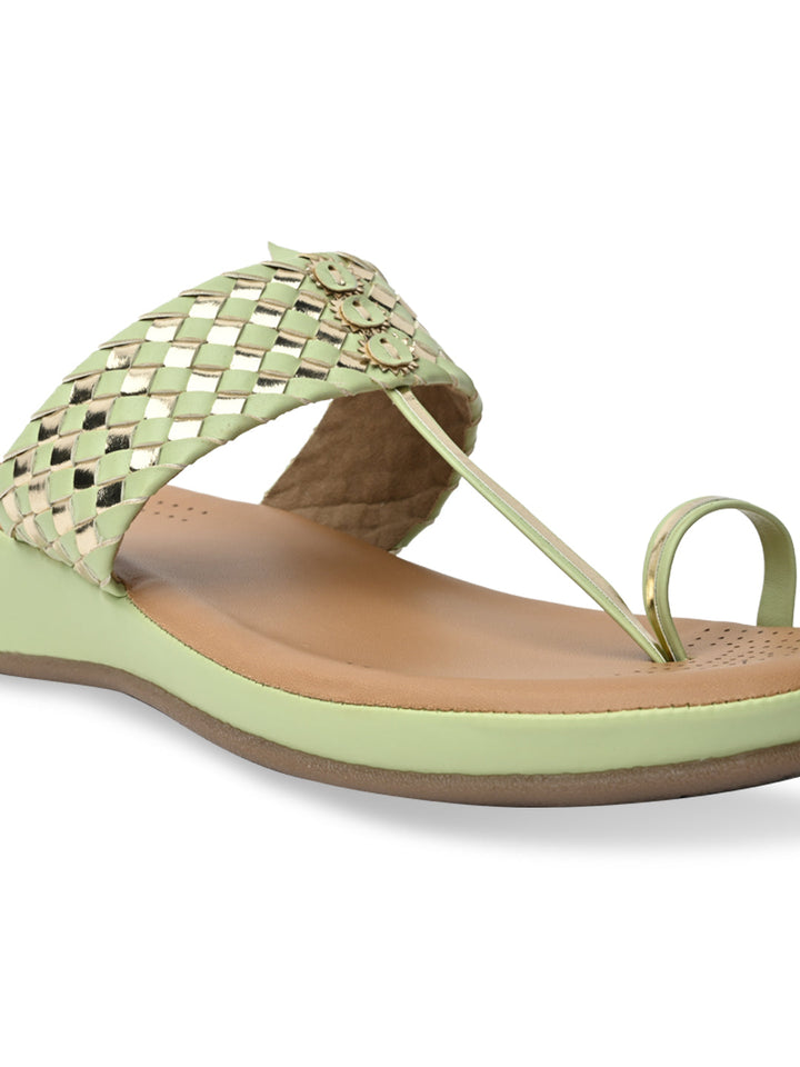Rocia By Regal Green Women Woven Kolhapuri Comfort Flats