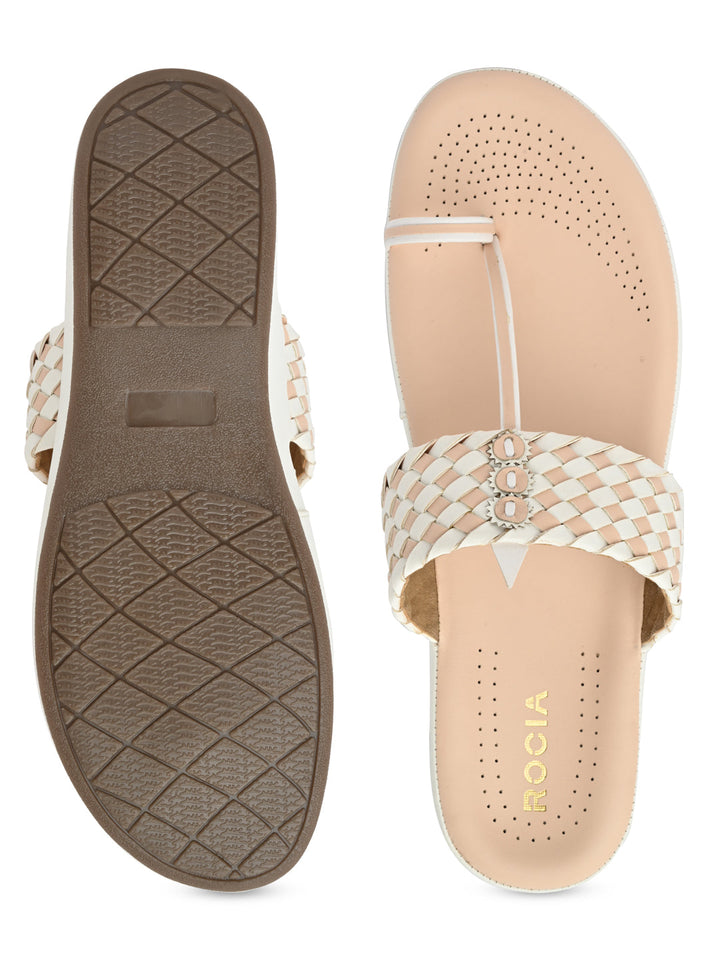 Rocia By Regal White Women Woven Kolhapuri Comfort Flats