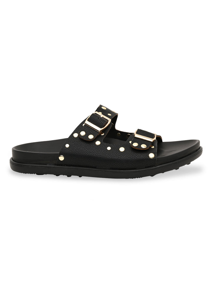 Rocia By Regal Black Women Gold Studded Flats