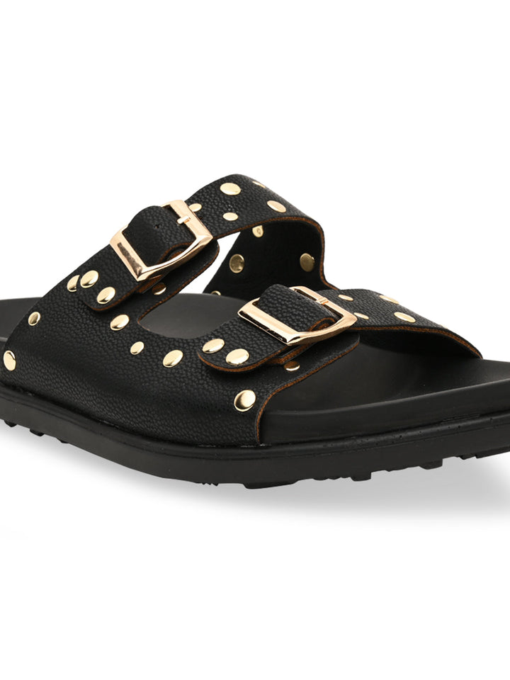 Rocia By Regal Black Women Gold Studded Flats