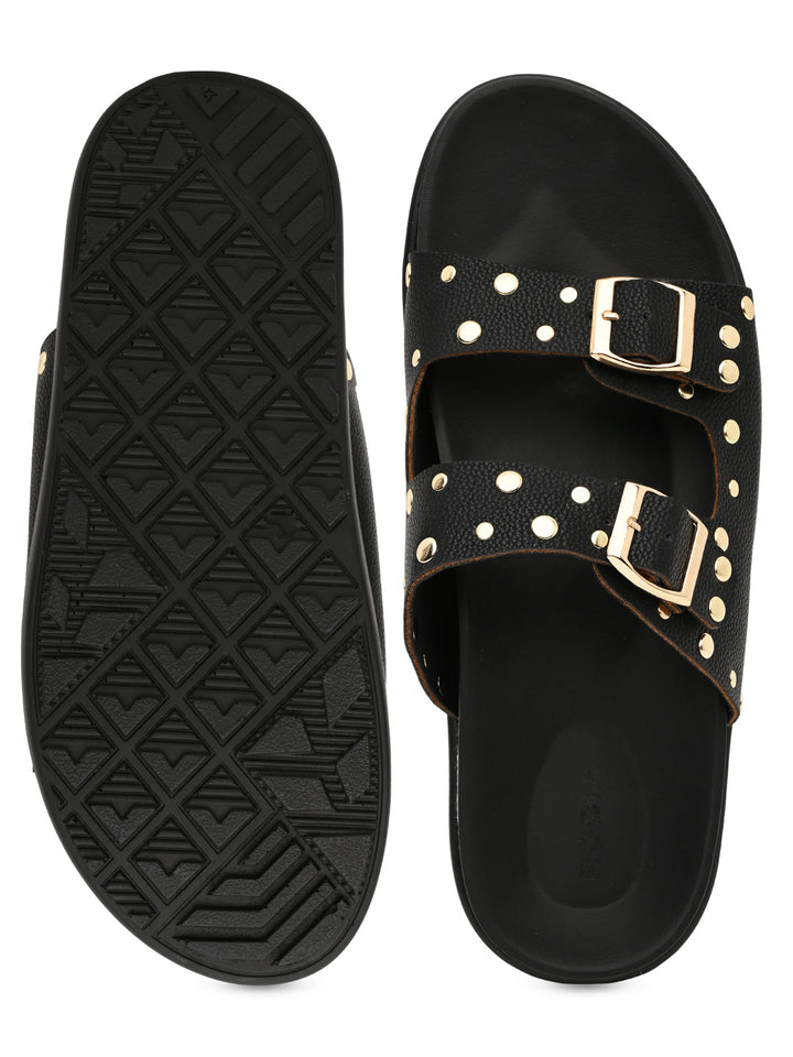 Rocia By Regal Black Women Gold Studded Flats