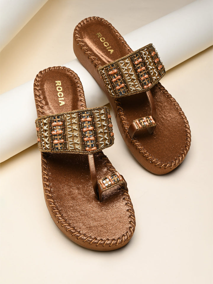 Rocia By Regal Antique Gold Women Embroidered Cushioned Flats