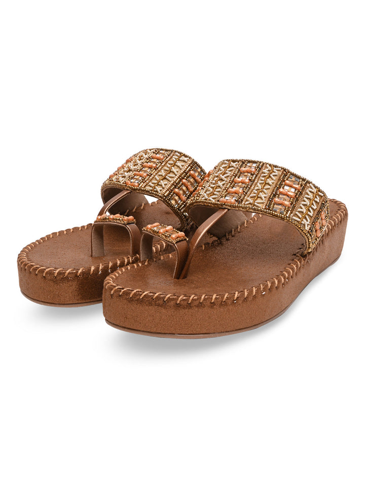 Rocia By Regal Antique Gold Women Embroidered Cushioned Flats