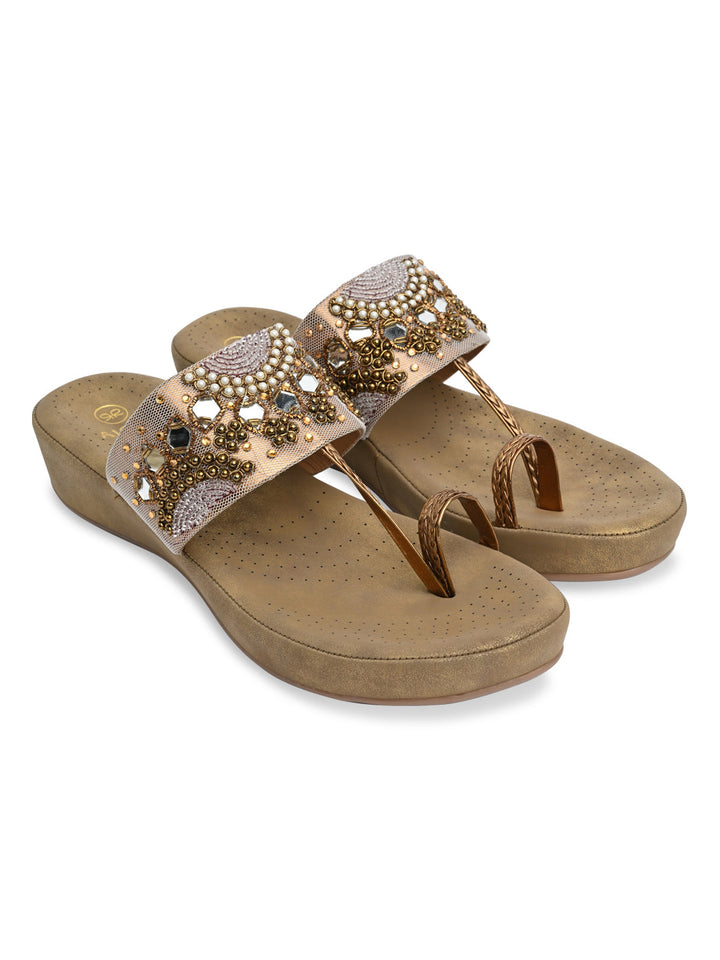 Rocia By Regal Antique Gold Women Embroidered Comfort Flats