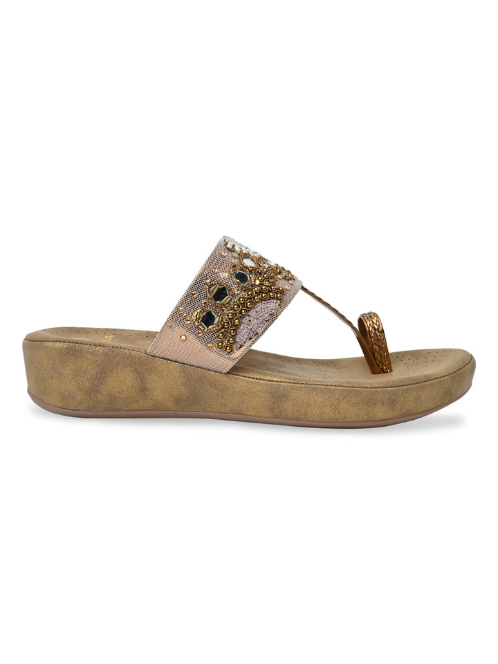 Rocia By Regal Antique Gold Women Embroidered Comfort Flats