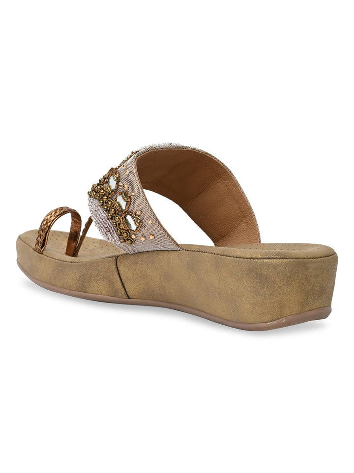 Rocia By Regal Antique Gold Women Embroidered Comfort Flats