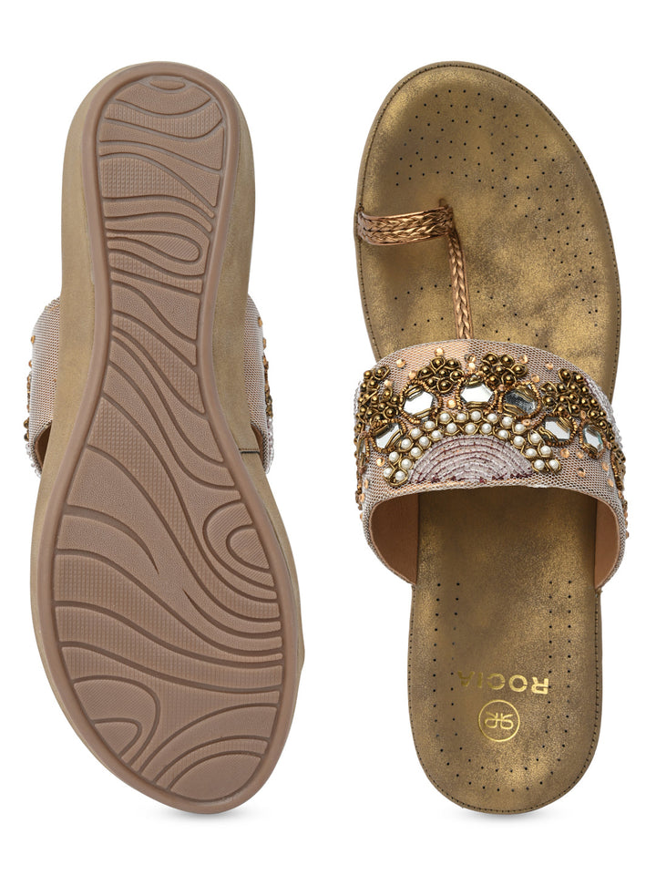 Rocia By Regal Antique Gold Women Embroidered Comfort Flats