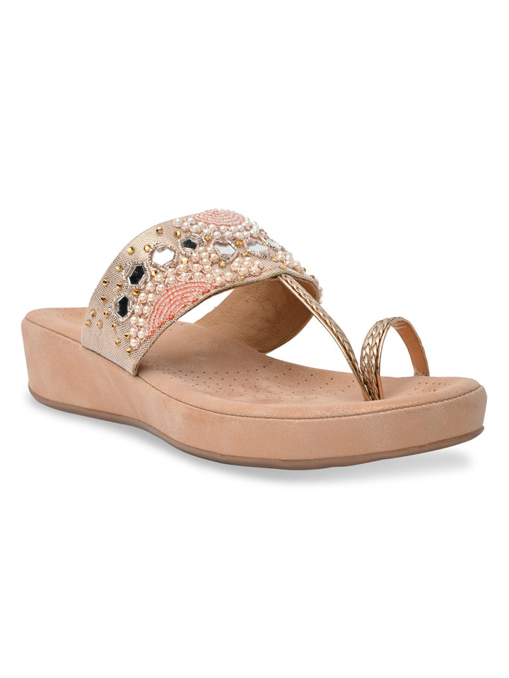 Rocia By Regal Rose Gold Women Embroidered Comfort Flats