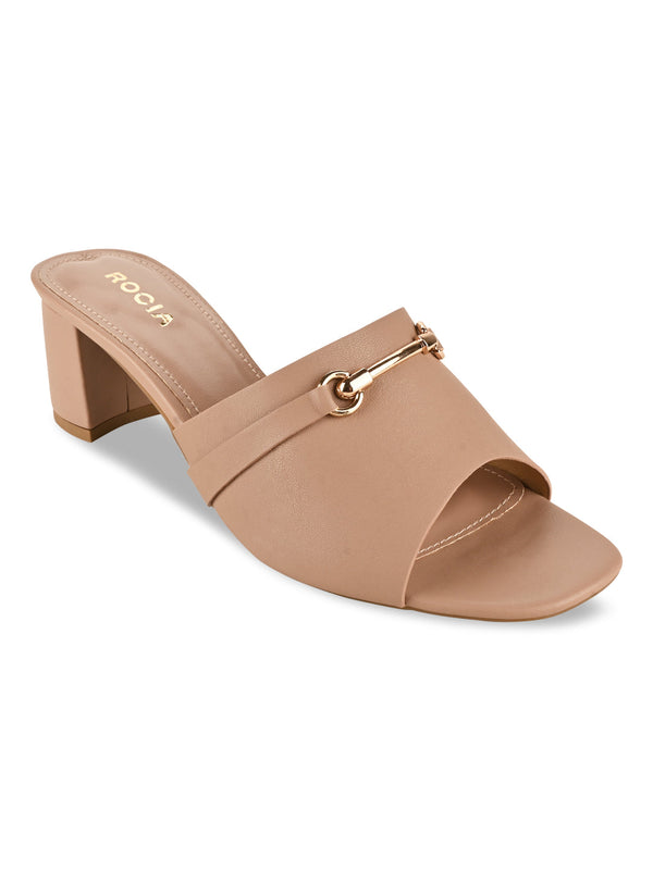 Rocia By Regal Nude Women Gold Buckled Block Heels