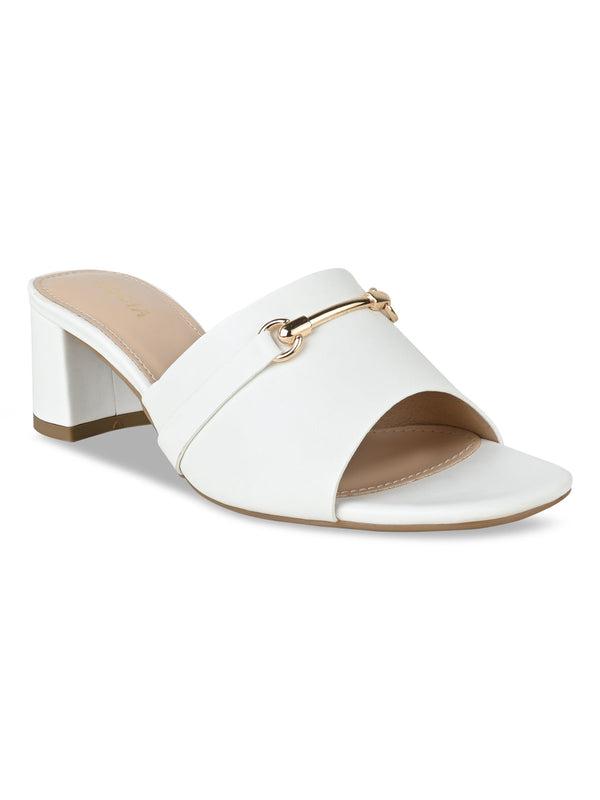 Rocia By Regal White Women Gold Buckled Block Heels