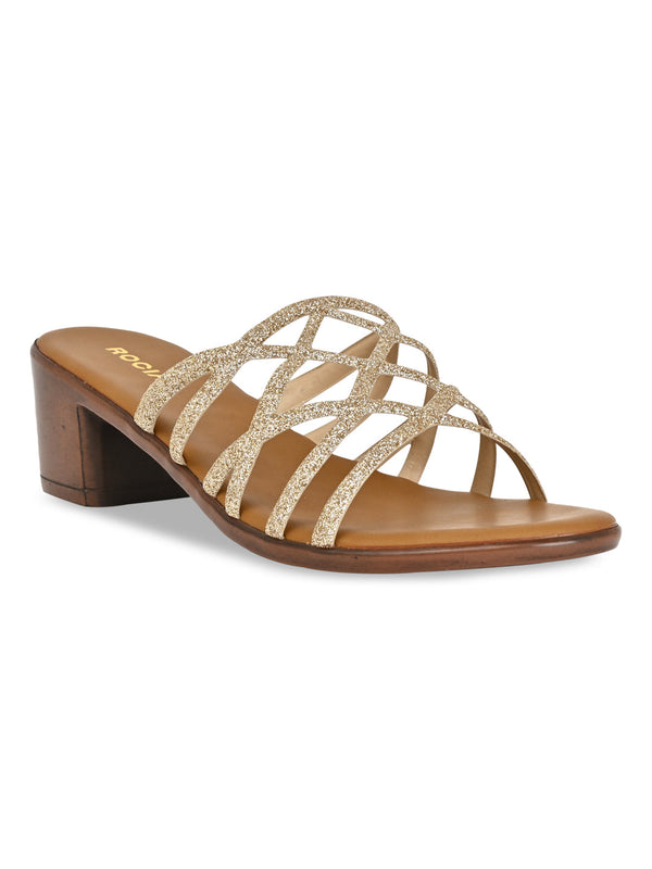 Rocia By Regal Gold Women Shiny Strappy Block Heels