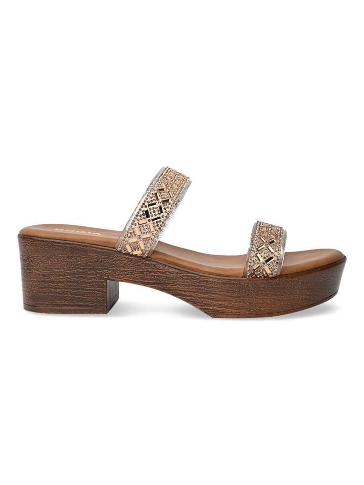 Rocia By Regal Antique Gold Women Vinyl Studded Block Heel Sandals