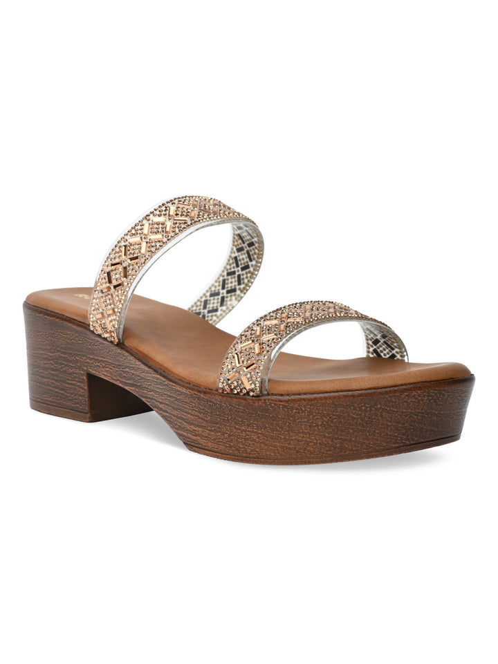 Rocia By Regal Antique Gold Women Vinyl Studded Block Heel Sandals
