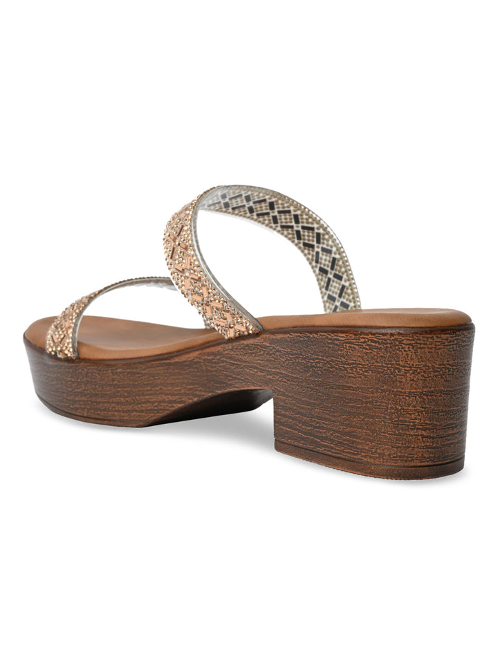 Rocia By Regal Antique Gold Women Vinyl Studded Block Heel Sandals