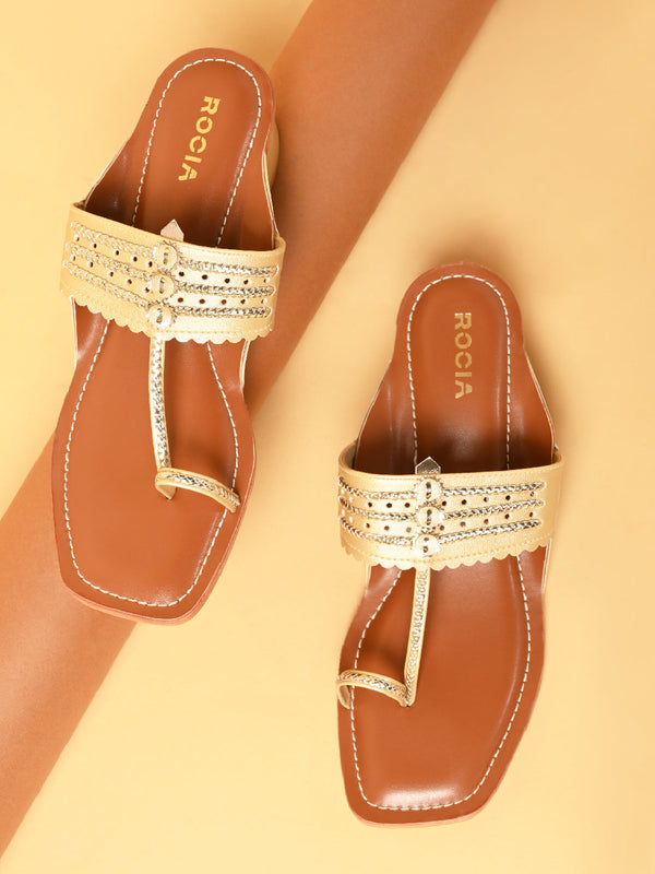 Rocia By Regal Gold Women Block Heel Kolhapuris