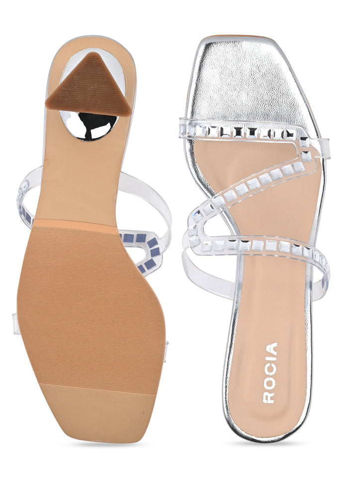 Rocia By Regal Silver Women Diamond Embellished Kitten Heel Sandals