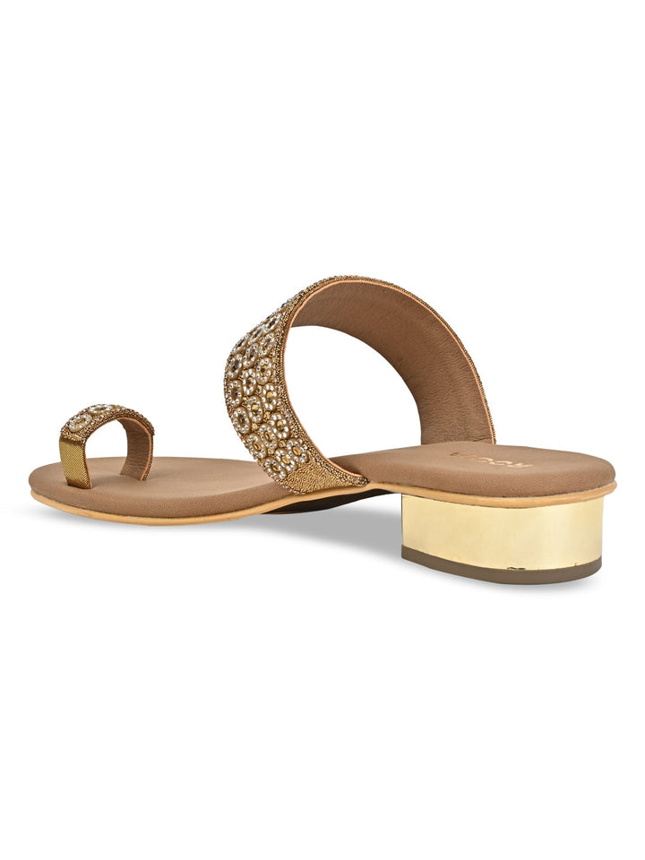 Rocia By Regal Antique Gold Women Diamond Embellished Box Heel Sandals