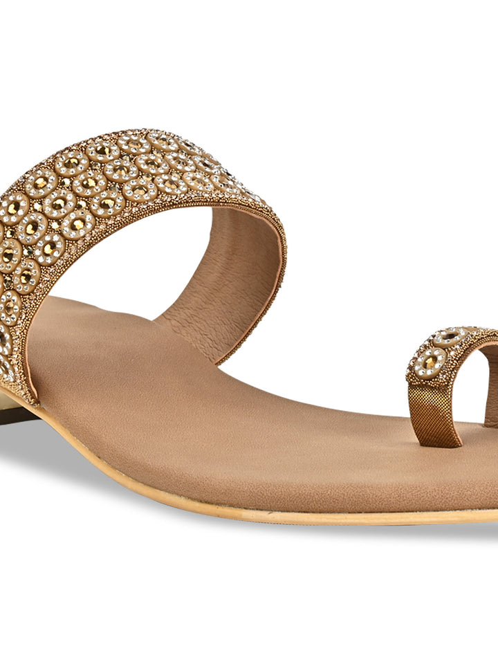 Rocia By Regal Antique Gold Women Diamond Embellished Box Heel Sandals
