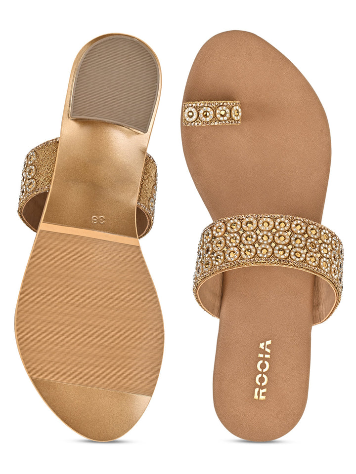 Rocia By Regal Antique Gold Women Diamond Embellished Box Heel Sandals