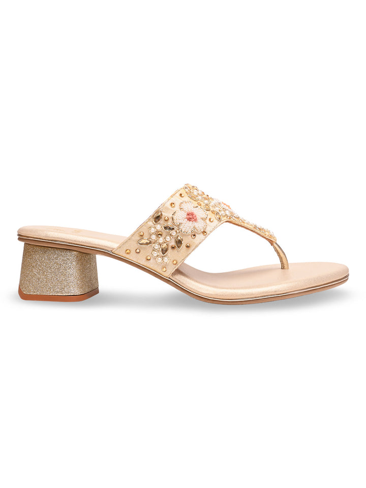 Rocia By Regal Gold Women Embroidered Block Heels