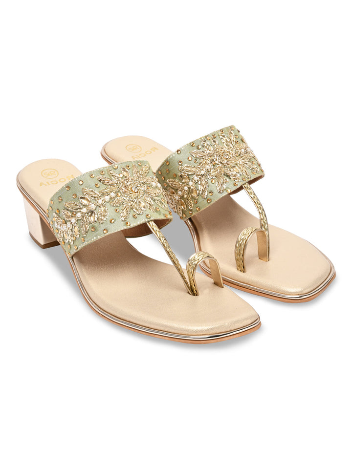 Rocia By Regal Gold Women One Toe Embroidered Block Heel Sandals