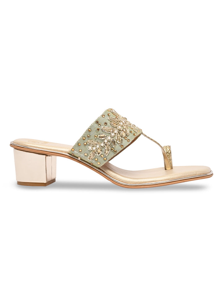 Rocia By Regal Gold Women One Toe Embroidered Block Heel Sandals
