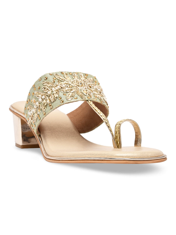 Rocia By Regal Gold Women One Toe Embroidered Block Heel Sandals