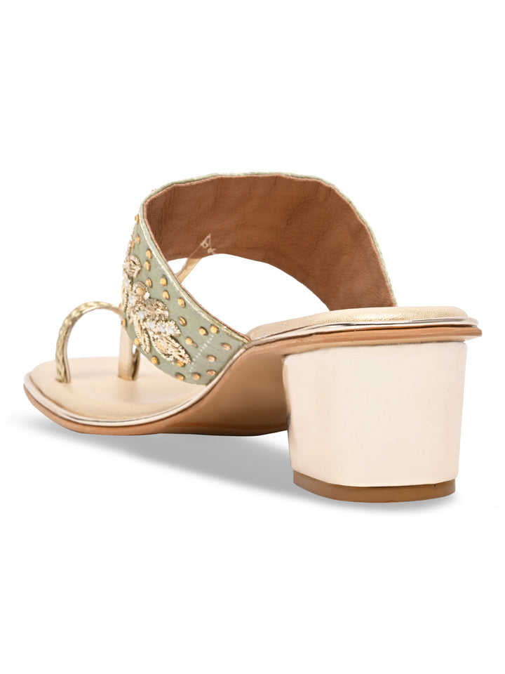 Rocia By Regal Gold Women One Toe Embroidered Block Heel Sandals
