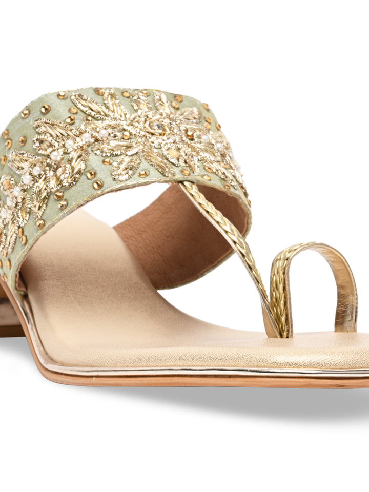 Rocia By Regal Gold Women One Toe Embroidered Block Heel Sandals