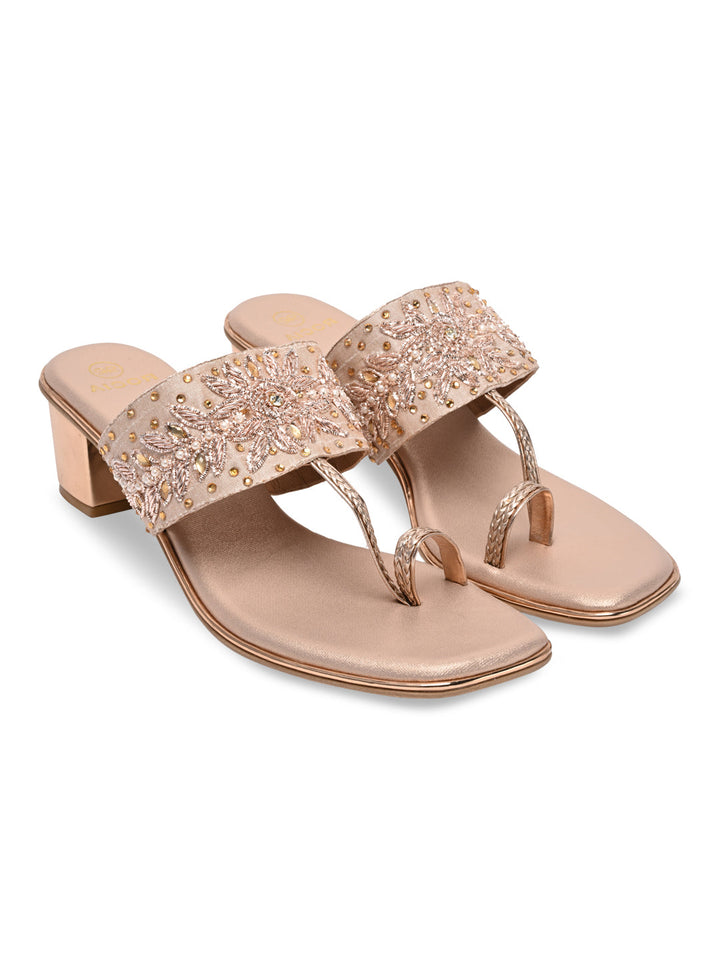 Rocia By Regal Rose Gold Women One Toe Embroidered Block Heel Sandals