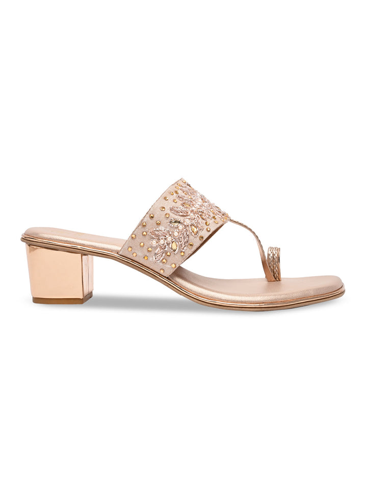 Rocia By Regal Rose Gold Women One Toe Embroidered Block Heel Sandals