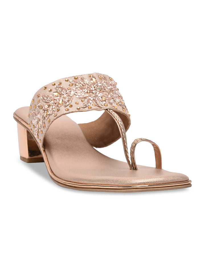 Rocia By Regal Rose Gold Women One Toe Embroidered Block Heel Sandals