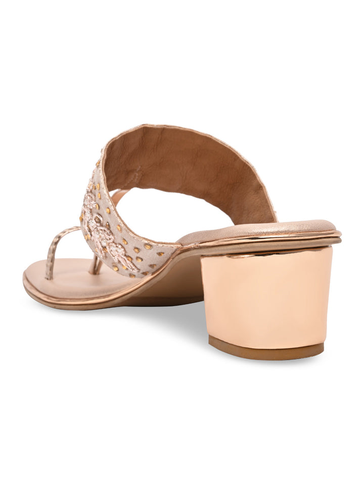 Rocia By Regal Rose Gold Women One Toe Embroidered Block Heel Sandals
