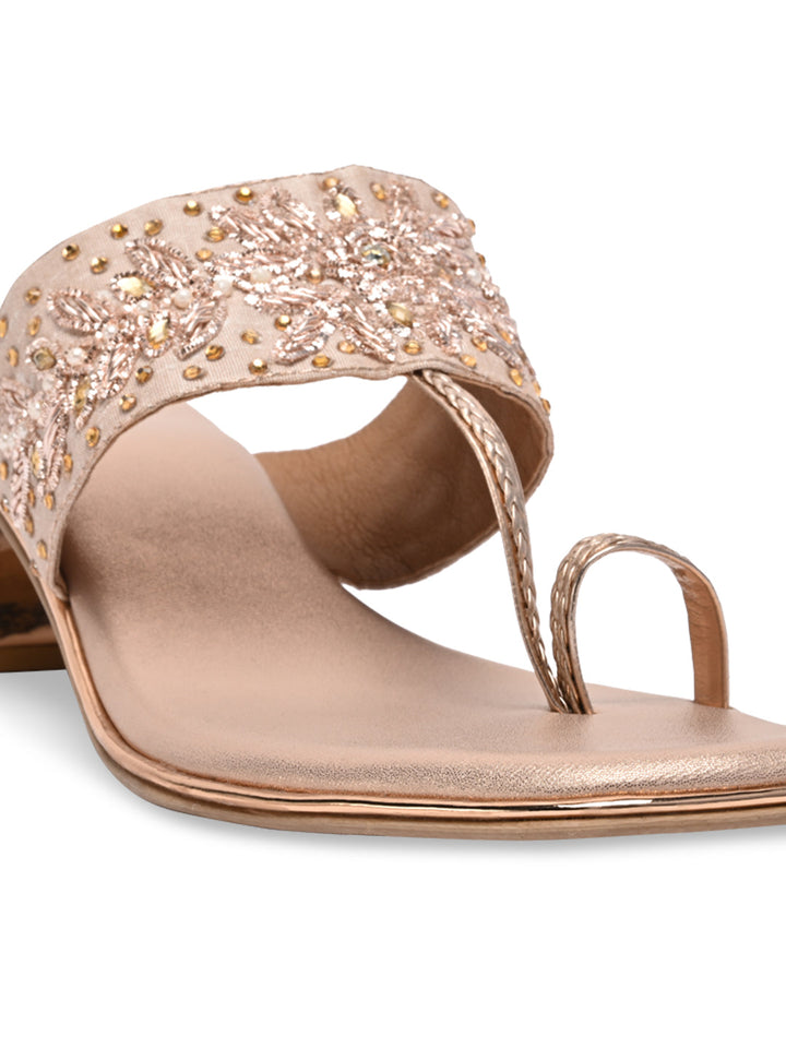 Rocia By Regal Rose Gold Women One Toe Embroidered Block Heel Sandals