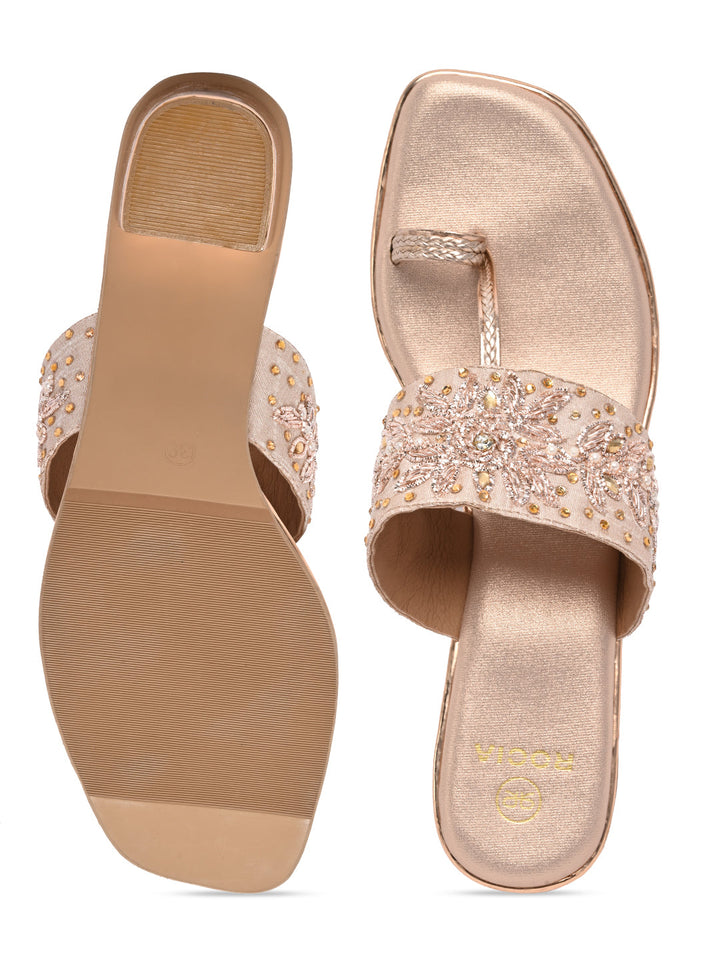 Rocia By Regal Rose Gold Women One Toe Embroidered Block Heel Sandals