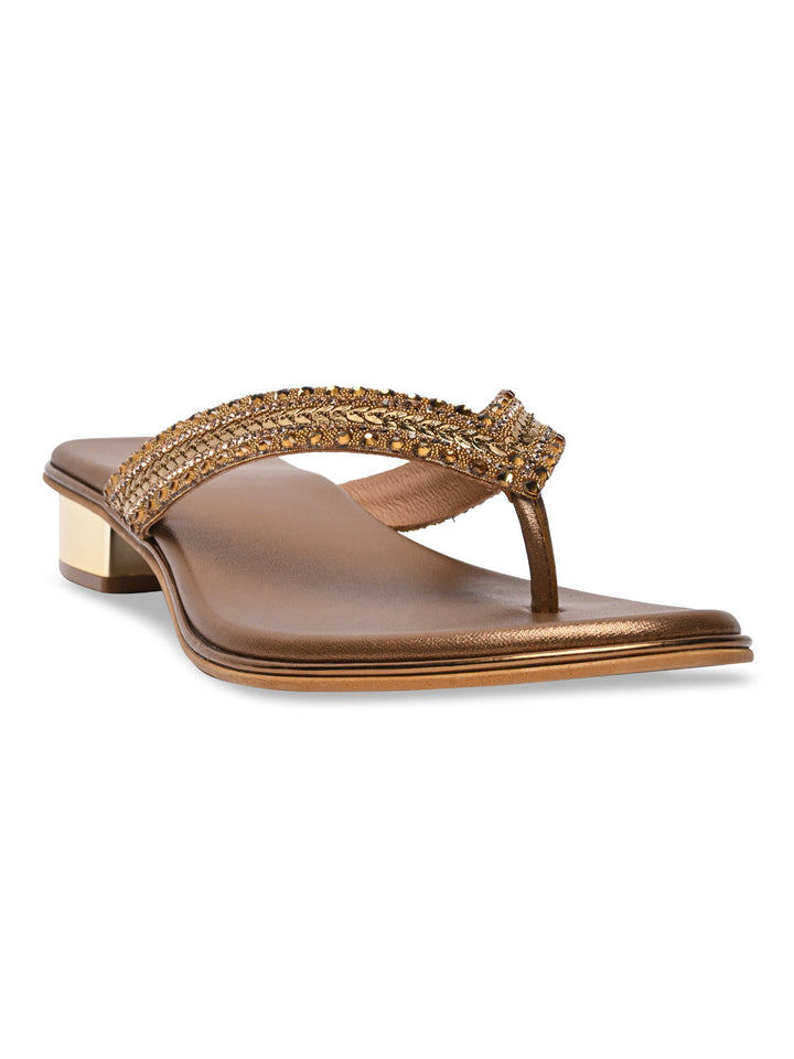 Rocia By Regal Antique Gold Women Embroidered Thong Small Heel Sandals