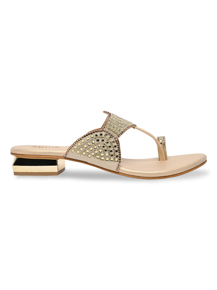 Rocia By Regal Gold Women One Toe Diamond Studded Small Heel Sandals