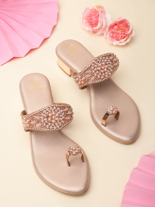 Rocia By Regal Rose Gold Women One Toe Embroidered Sandals