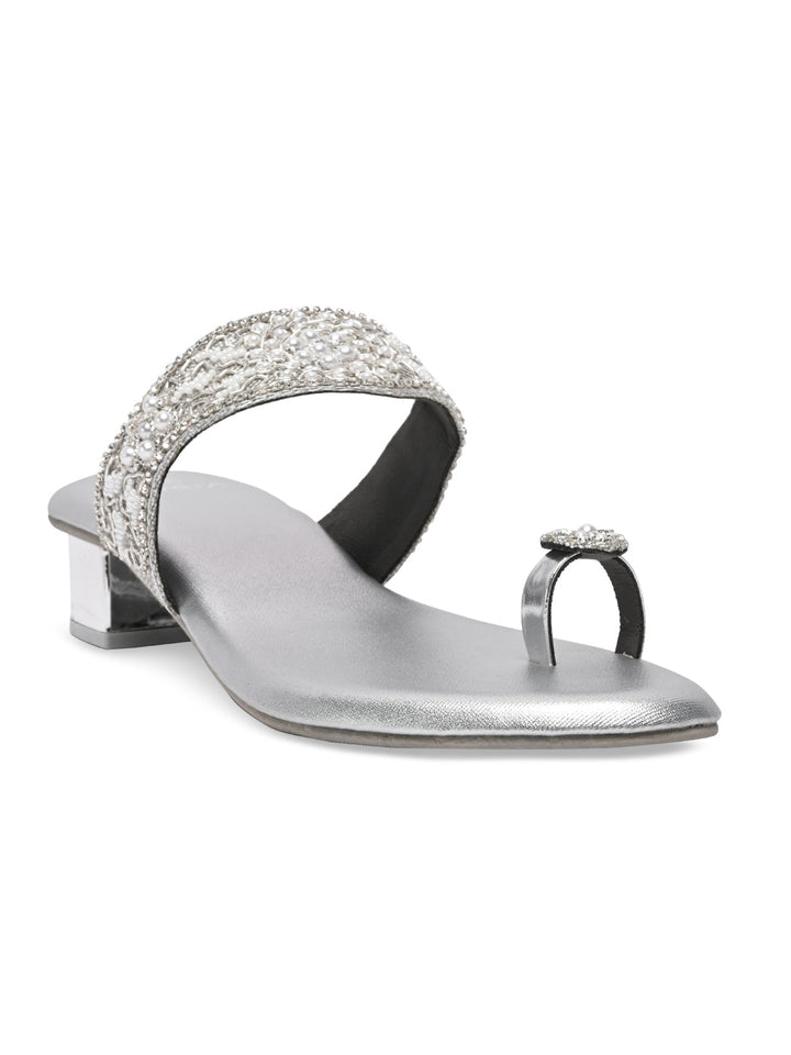 Rocia By Regal Silver Women One Toe Embroidered Sandals