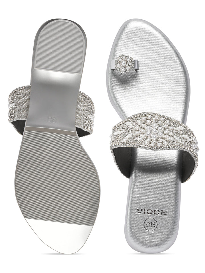 Rocia By Regal Silver Women One Toe Embroidered Sandals