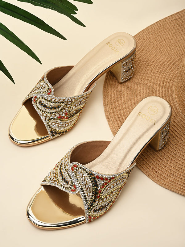 Rocia By Regal Gold Women Heavy Embroidered Block Heel Sandals