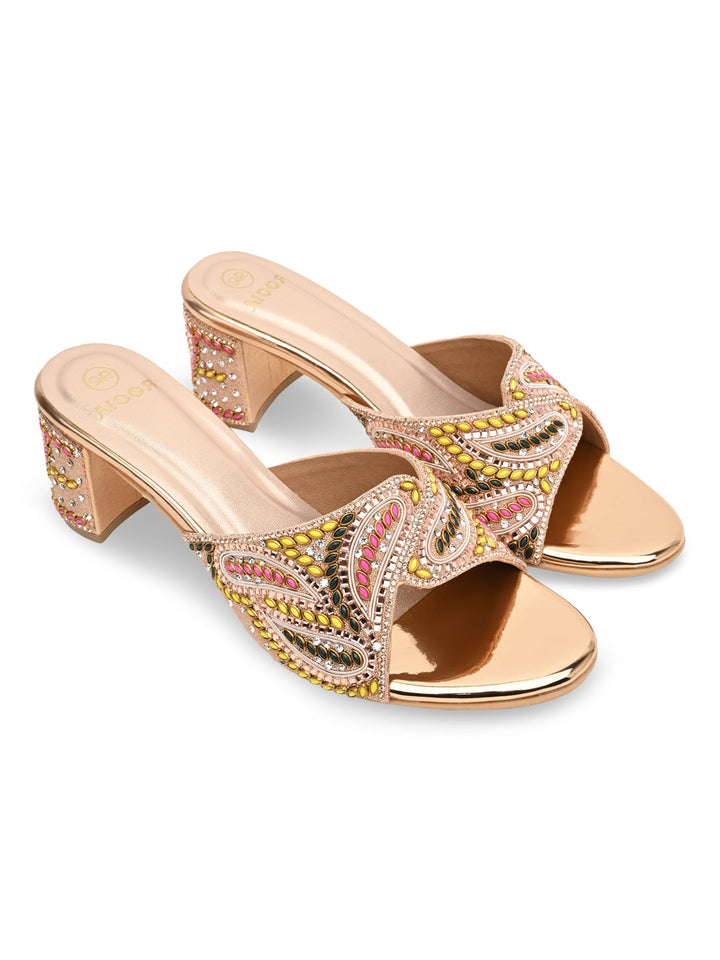 Rocia By Regal Rose Gold Women Heavy Embroidered Block Heel Sandals