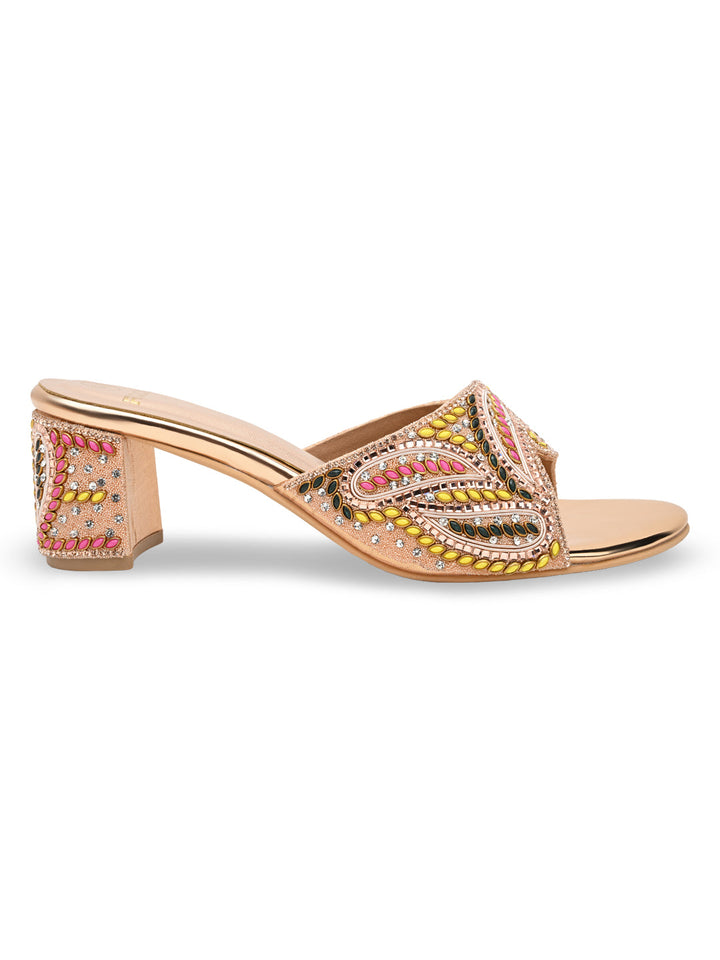 Rocia By Regal Rose Gold Women Heavy Embroidered Block Heel Sandals