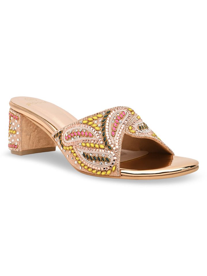 Rocia By Regal Rose Gold Women Heavy Embroidered Block Heel Sandals