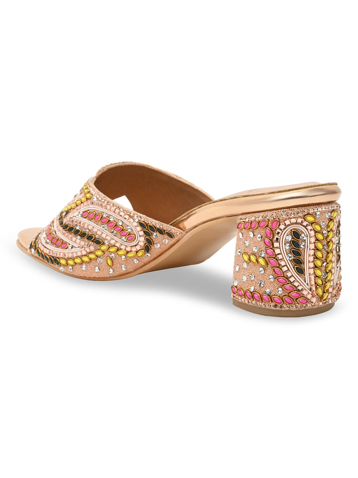 Rocia By Regal Rose Gold Women Heavy Embroidered Block Heel Sandals