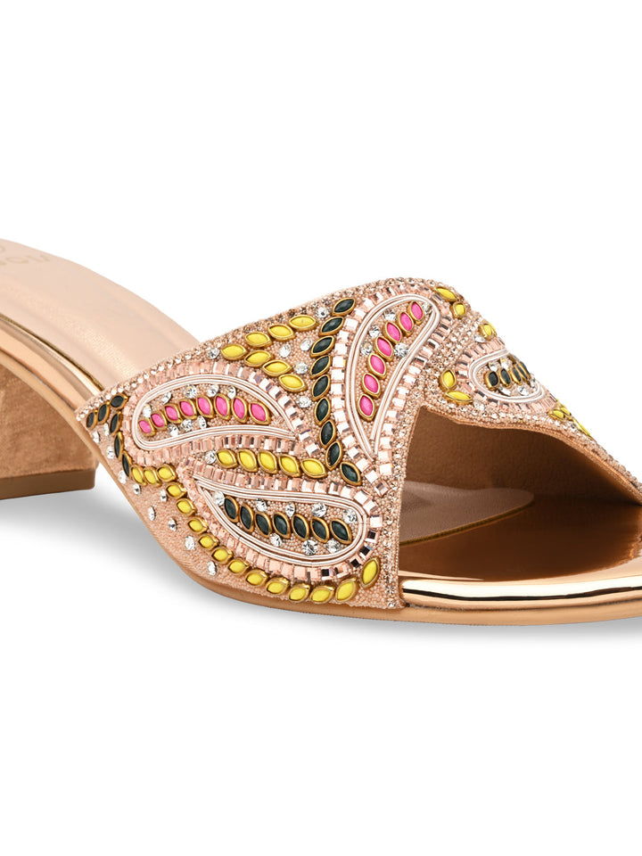 Rocia By Regal Rose Gold Women Heavy Embroidered Block Heel Sandals